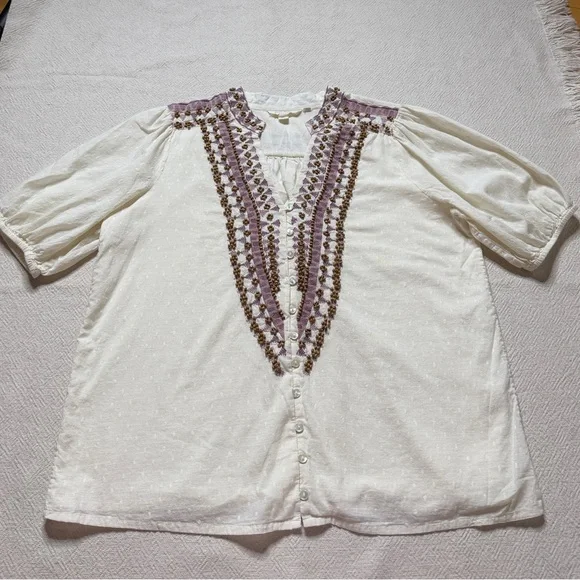 Anthropologie Forever That Girl Embroidered Peasant Blouse Swiss Dot Top 10 - Picture 2 of 9